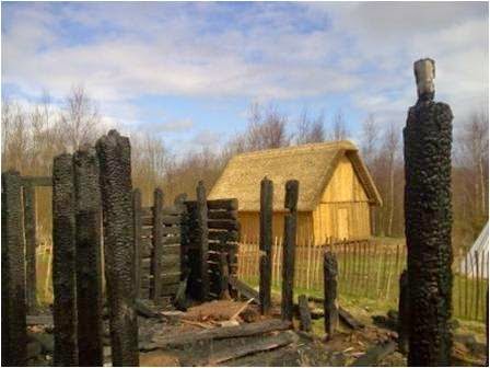 Burnt replica of a Saxon hall at Bishops Wood Environmental Centre (site now cleared))