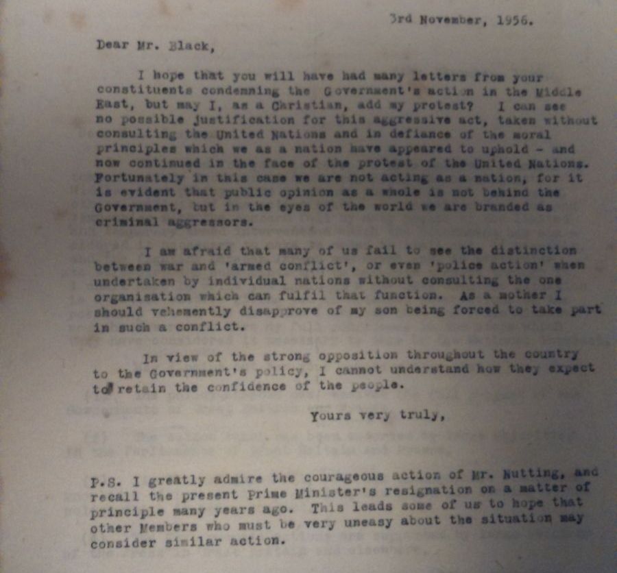 My grandmother's protest letter about the Suez Crisis in 1956. A telling sign that history repeats itself.