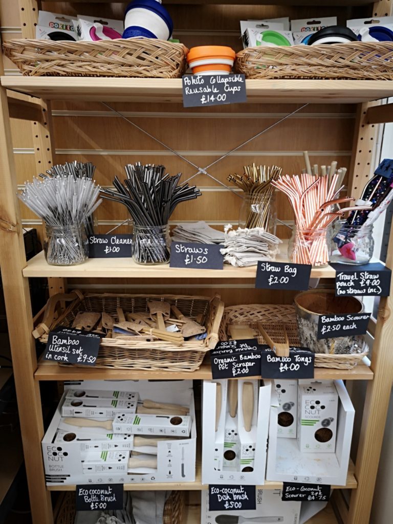 Steel straws in a shelf in Pack It In Zero Waste shop