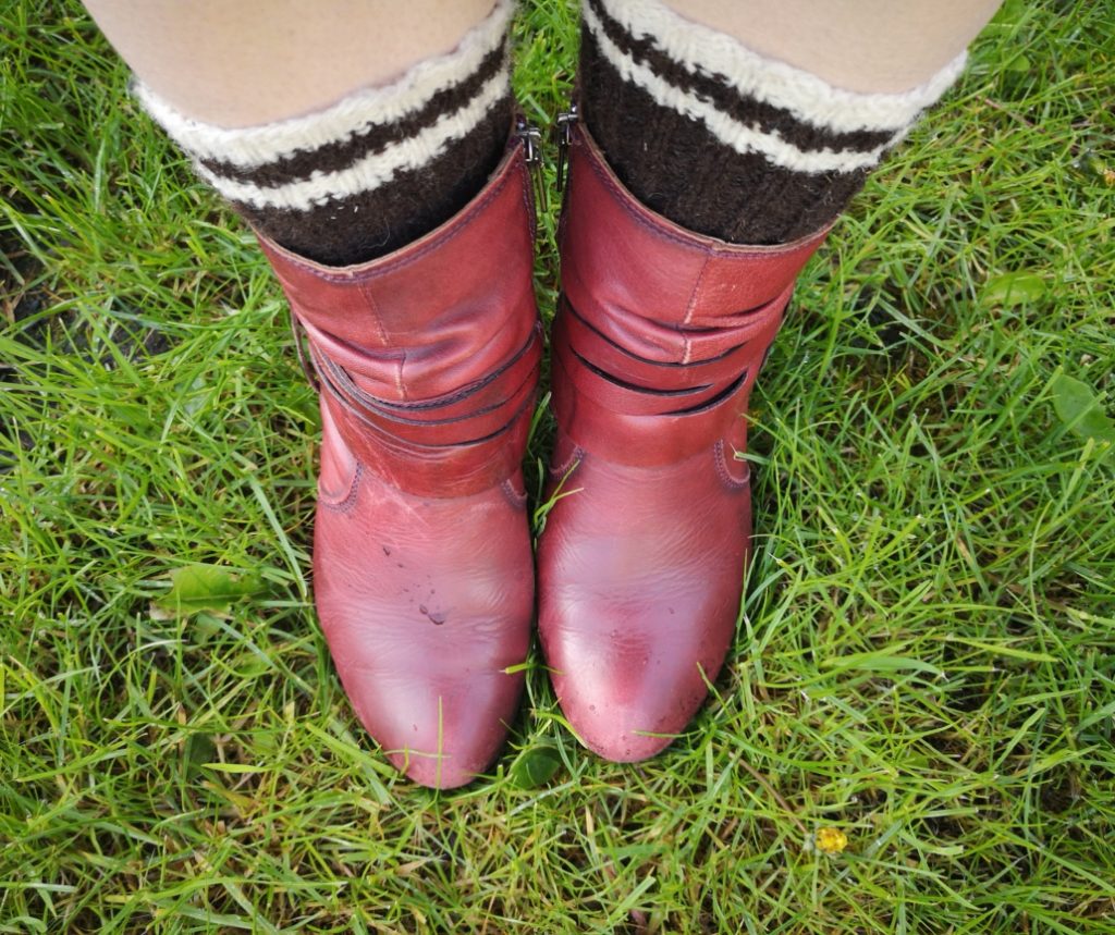 Refootable socks and a mending culture revival - image of refootable socks worn with red ankle boots