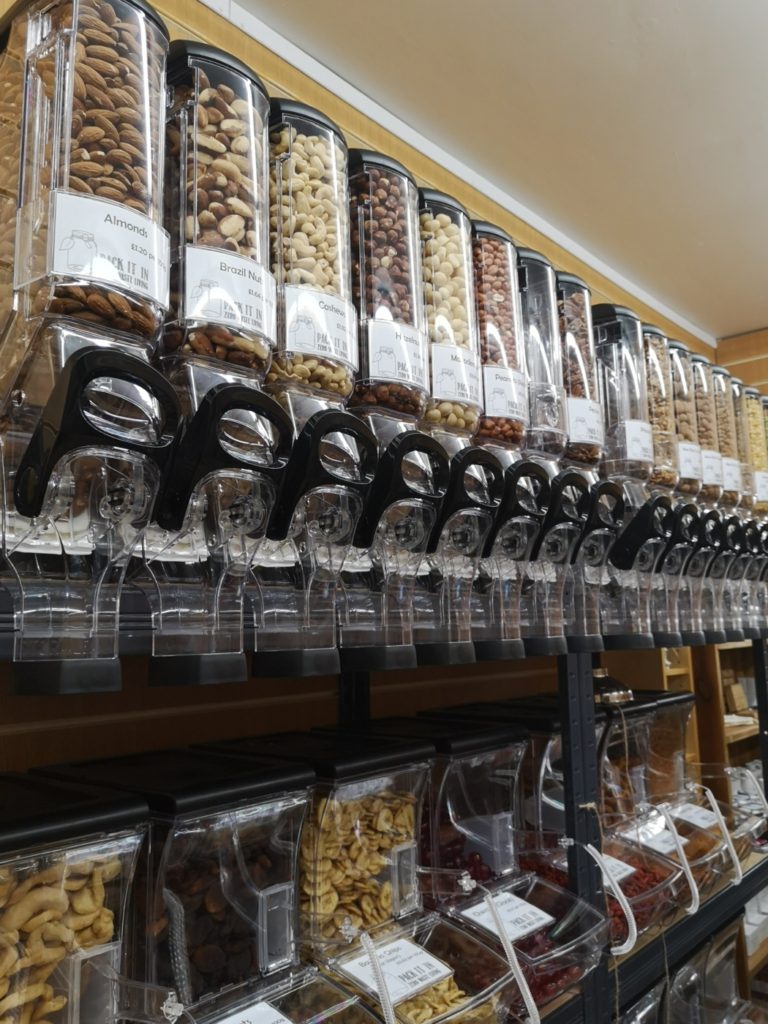 Zero waste shop in Worcester: bulk food dispensers at the Pack It In zero waste shop