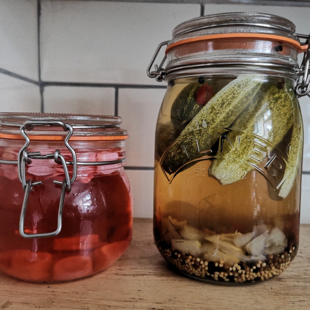 Traditional Food Storage - jars of vinegar pickles (left: radish, right: cucumbers)