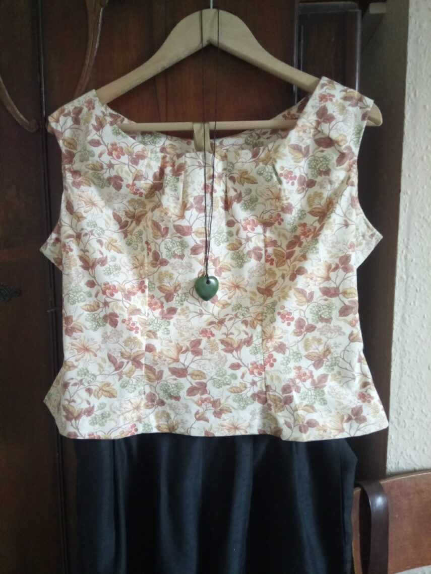 Handsewn simple sleeveless top made from cotton print fabric remnant (cream background with autumn leave and berries).