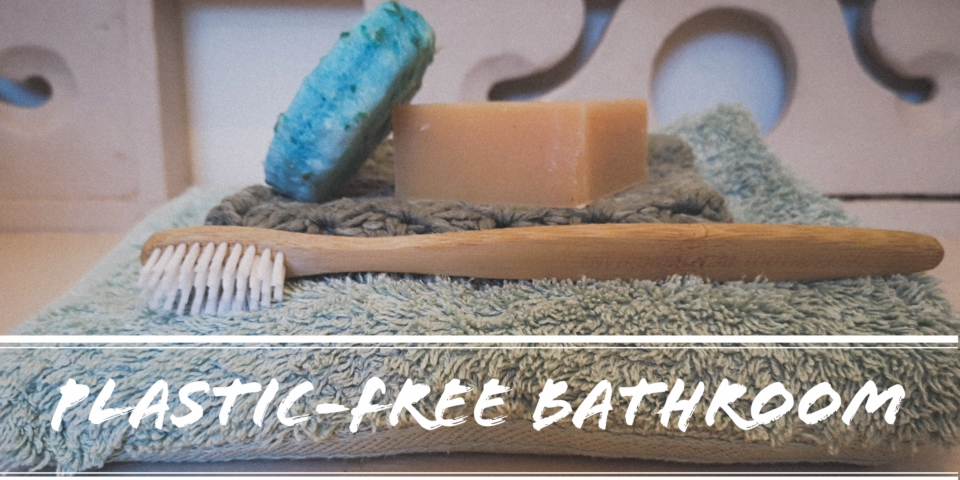 Zero Waste Knowledge - image of plastic-free bathroom products (solid shampoo bar, bar soap and bamboo toothbrush 