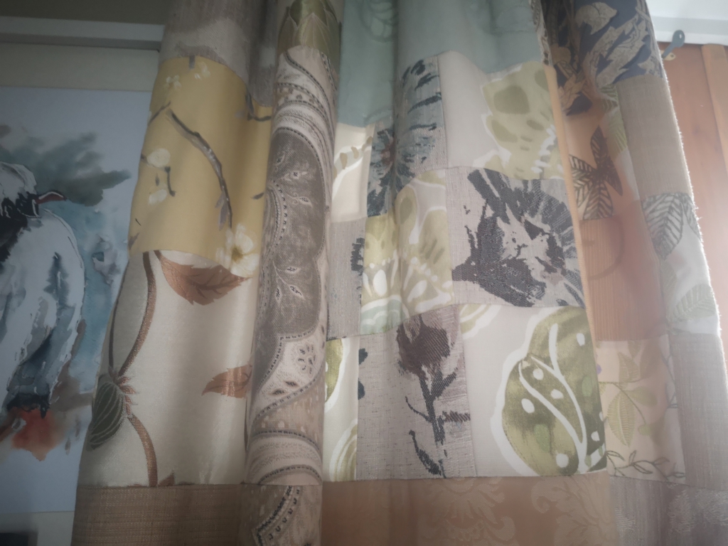 Kaffe Fassett patchwork curtains made to a design by Kaffe Fassett: made with bought curtain remnants