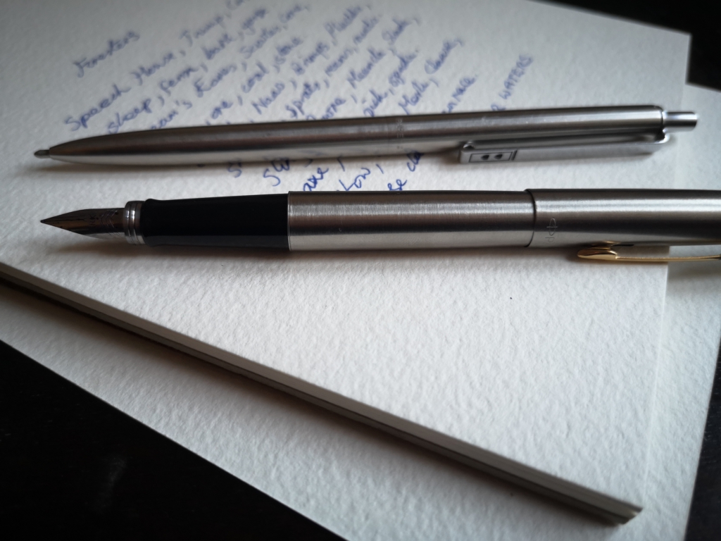 Zero Waste and Plastic Free Pens: Image of a fountain pen and refillable rollerball pen and handwritten poem