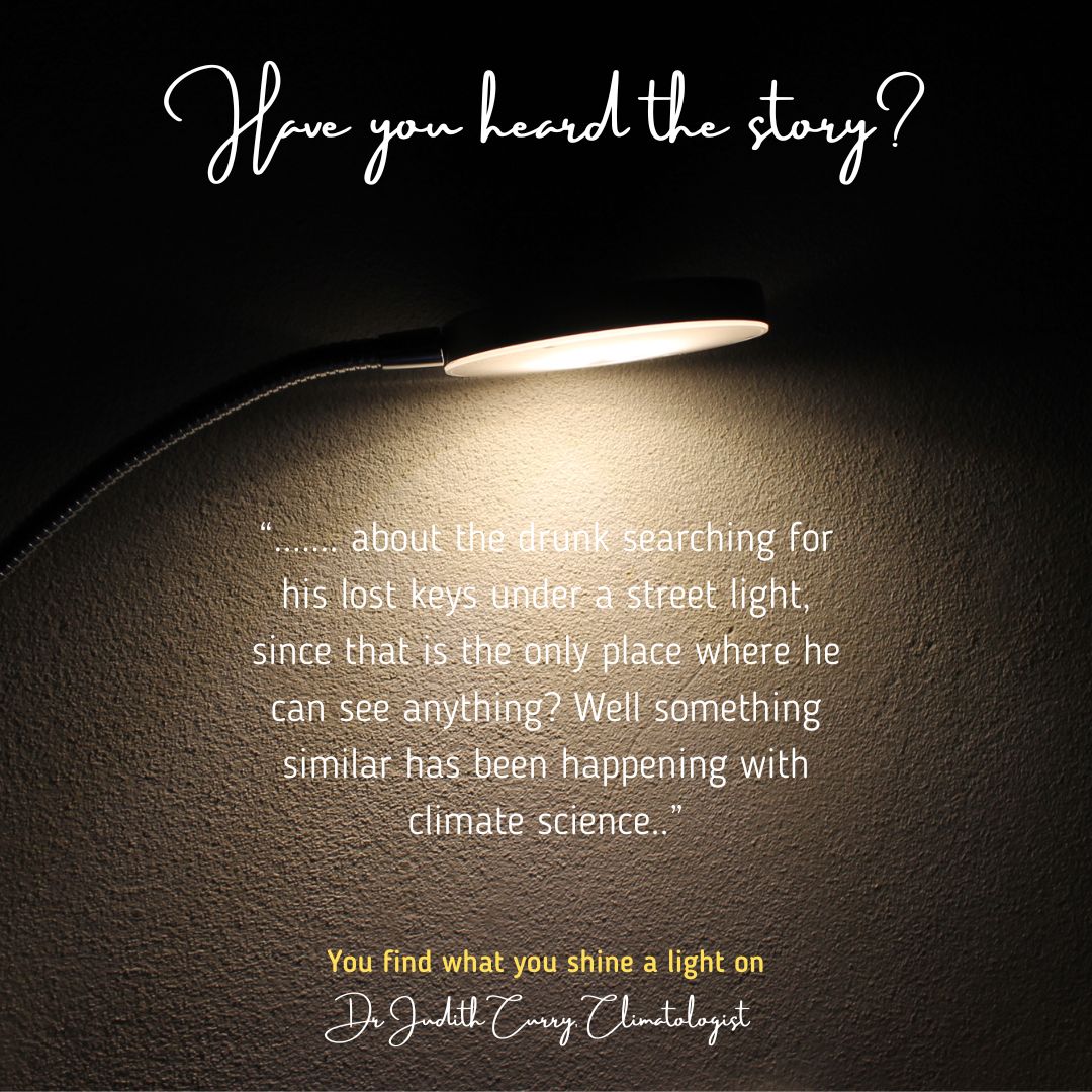 Climate change quote. Image of a dark wall with a lamp shining, and a quote from Judith Curry climate scientist relaying the story about the drunk searching for his keys under a street light, because that's the only place where he can see. (ie you find what you shine a light on).