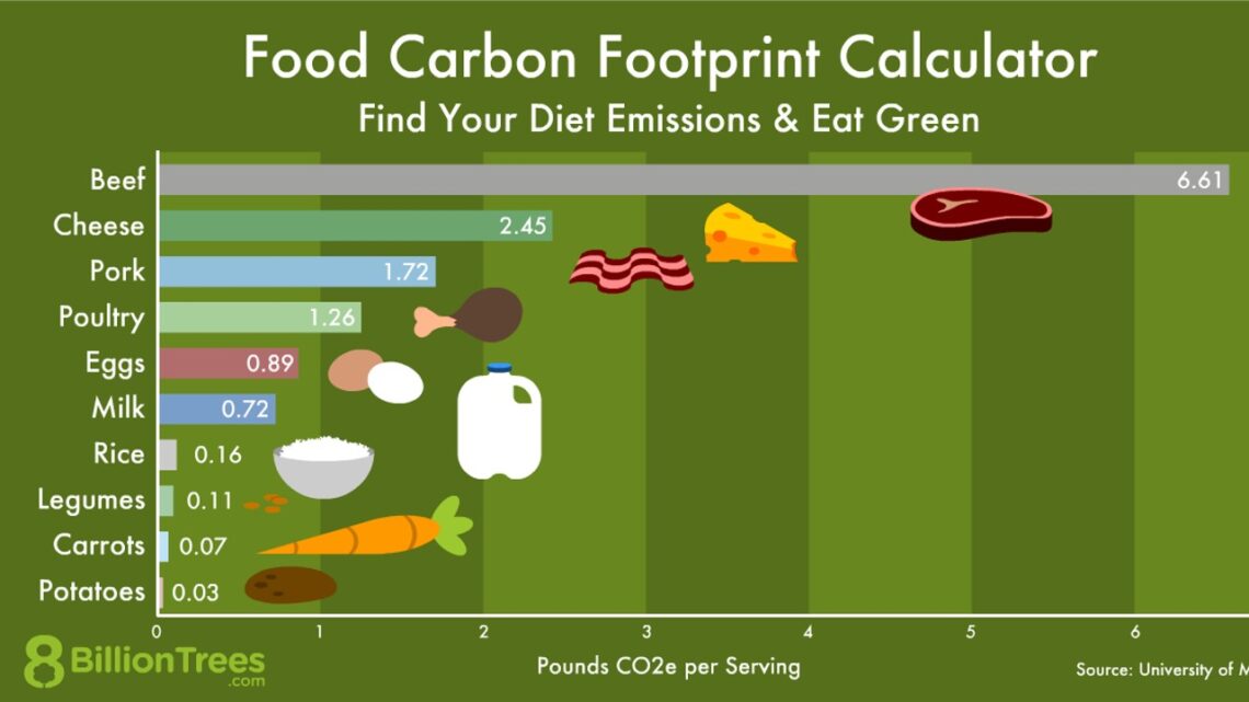 Food Carbon Footprint Calculator, showing a histogram showing foods (potatoes, carrots, Legumes, Rice, Milk, Eggs, Poultry, Beef etc on the Y-axis, Pounds Co2 per serving on the X -axis. Potatoes, carrots, and rice are low on the Cos per serving scale. Beef is at the top. Image by 8 Billion Trees