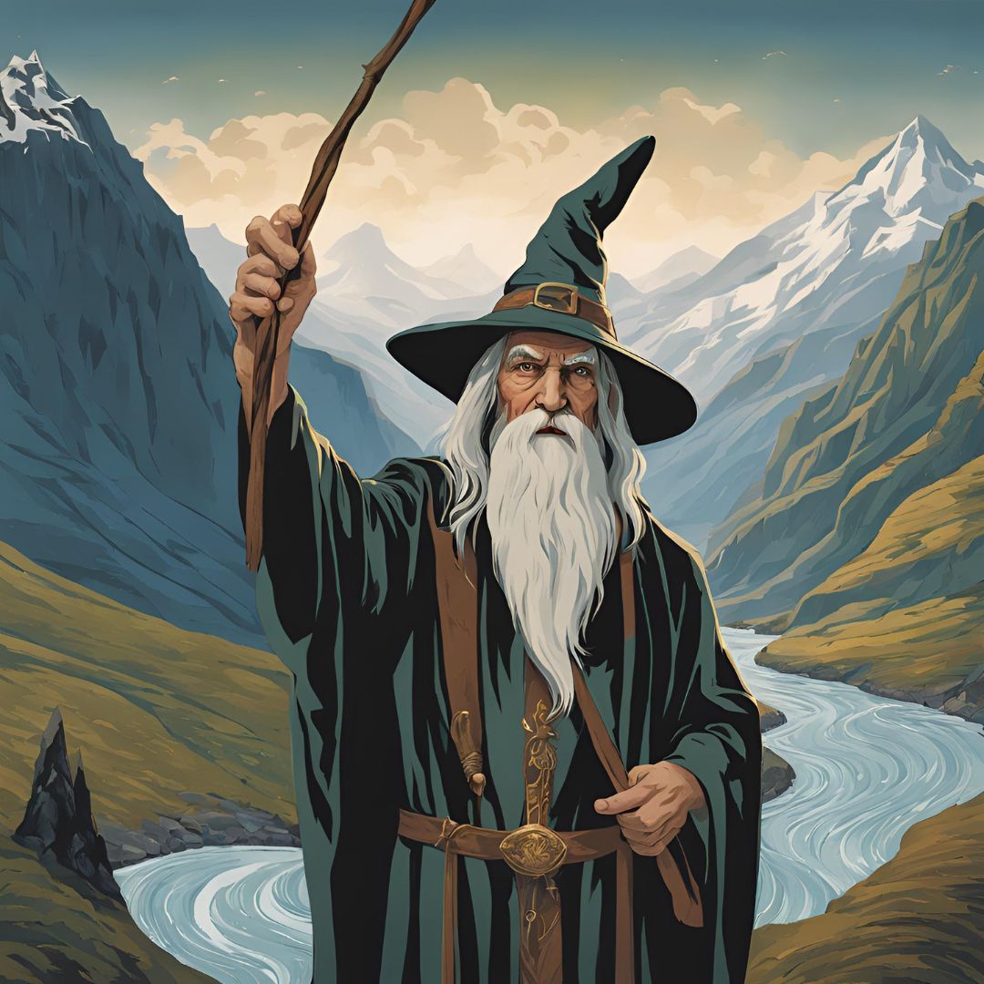 An ilustrated image of a wizard waving a wand over the viewer, in the style of Lord of the Rings. There are mountains in the background (snow-covered in the distance) and a wide river meandering towards the wizard. Image A. I. generated by Canva.