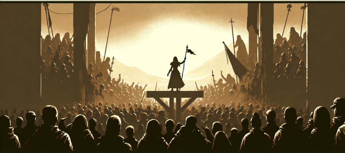 Alternative Information from Alternative Platforms: Woman on a speaking on a stage, holding up a flag, with crowds around her (illustration, sepia colours, scene reminiscent of Game of Thrones