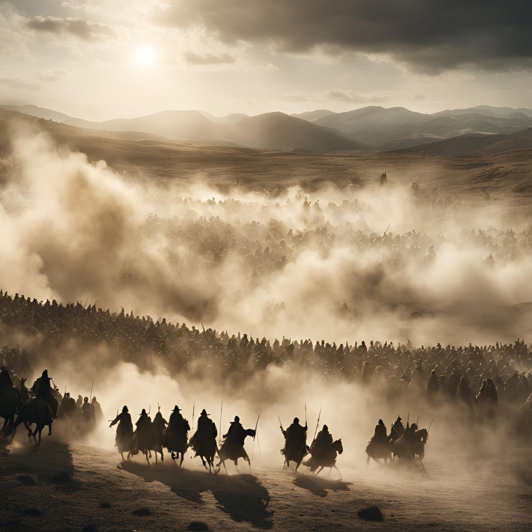 Lively Dust - image of a cloud of dustrising up over a crowd of people on horseback in a Lord of the Rings type of landscape, with mountains in the distance.