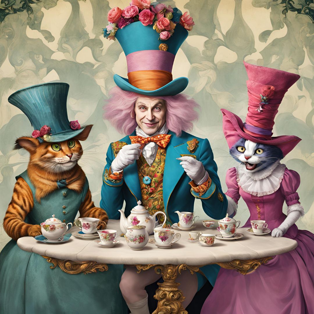 Alternative platforms; alternative social spaces analagy; an Alice in Wonderland-like scene - a character like the Mad Hatter, a stripey cat wearing a top hat and a grey cat wearing a pink gown and a tall pink hat, all at a tea party