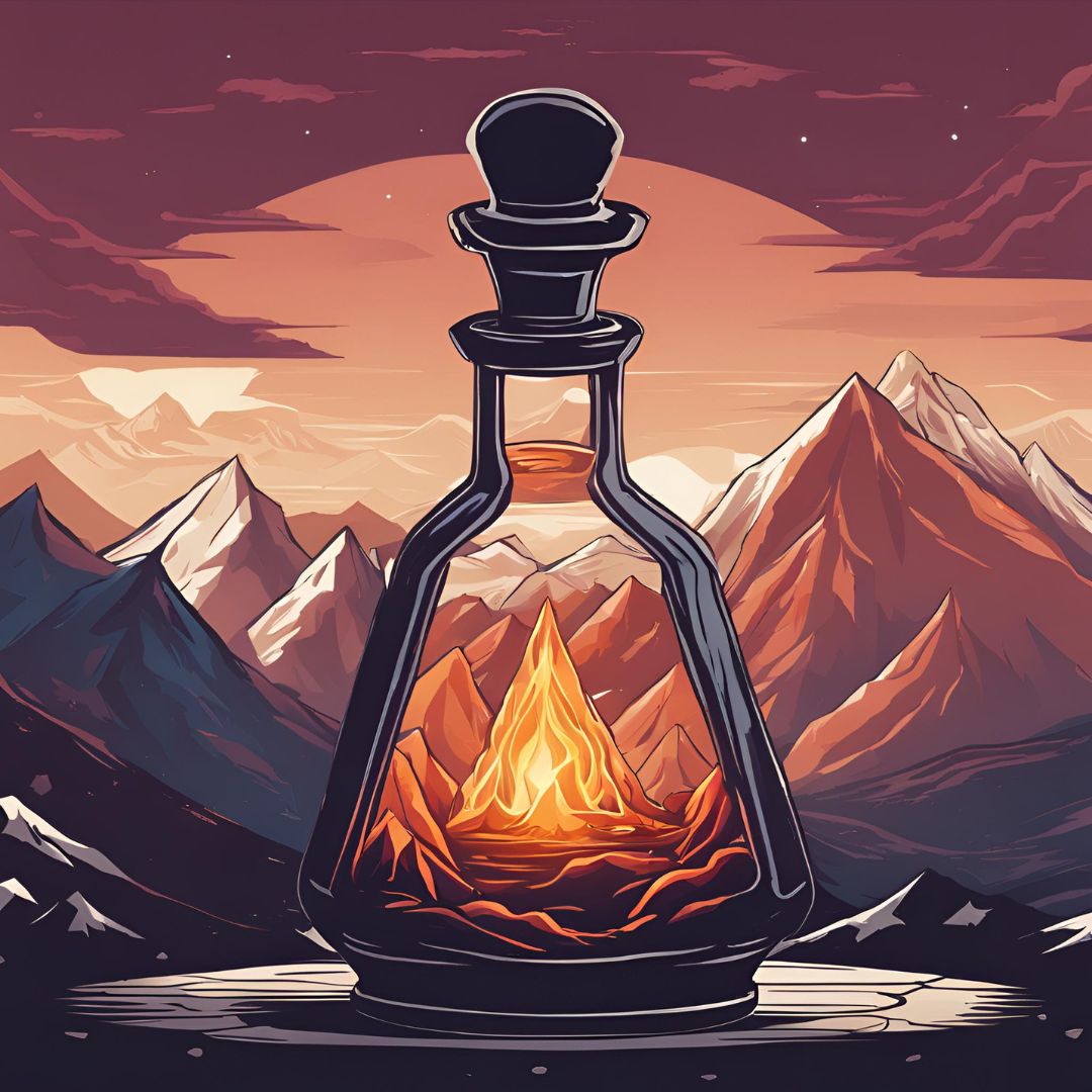 Magic Potion: An illustration of a medicine bottle in the foreground magnifying sunset-lit mountains in the background. A fiery mountain can be seen through the middle of the bottle. This signifies the magic potion made under the direction of an unknown group of Wizards, mentioned in the blog post.