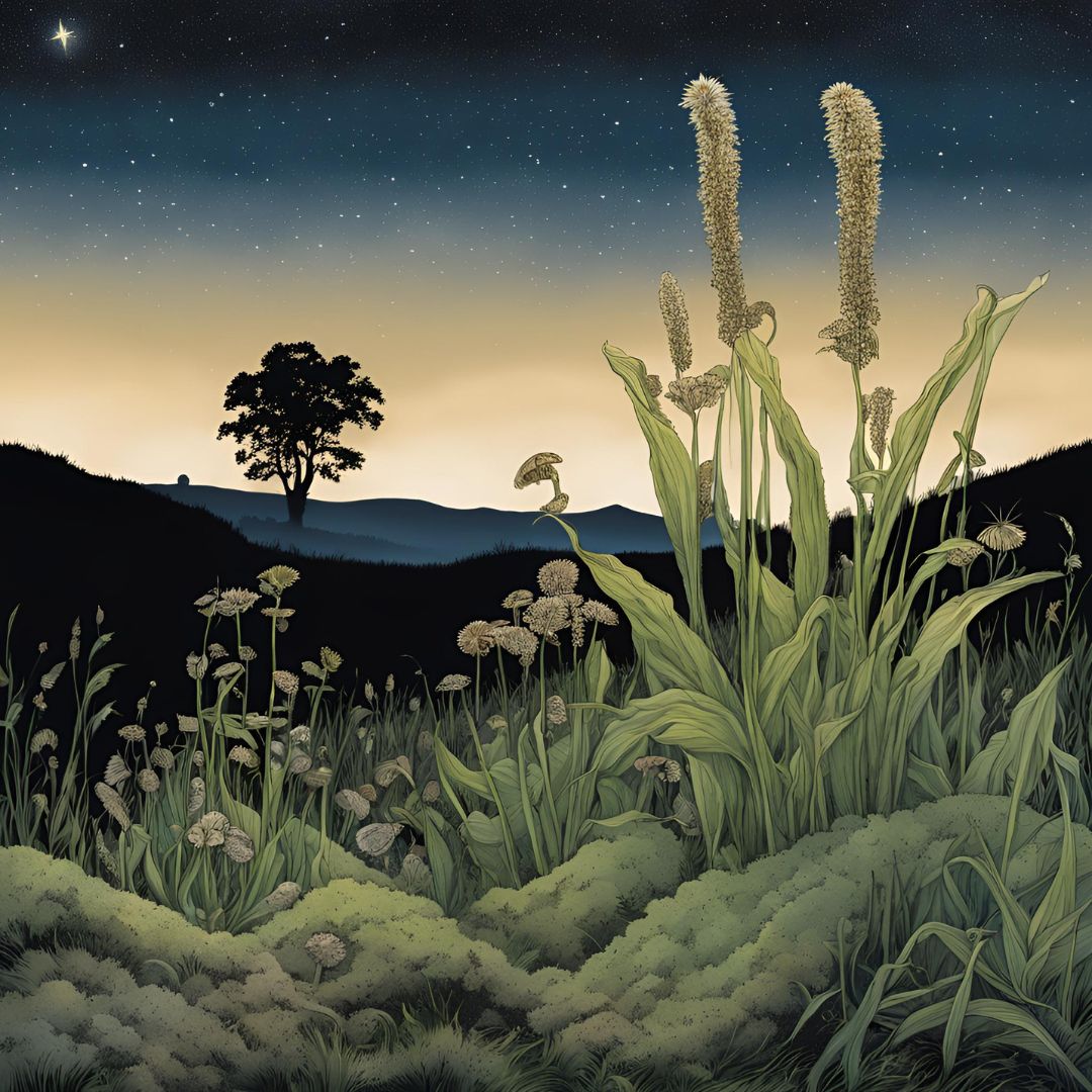 Contagion and medicine: Illustration of ribwort plantain and other plants at dusk, with a grassy slope in the background, a tree sillouetted against a pale pinky orange sky at the horizon, fading to starlit night sky.