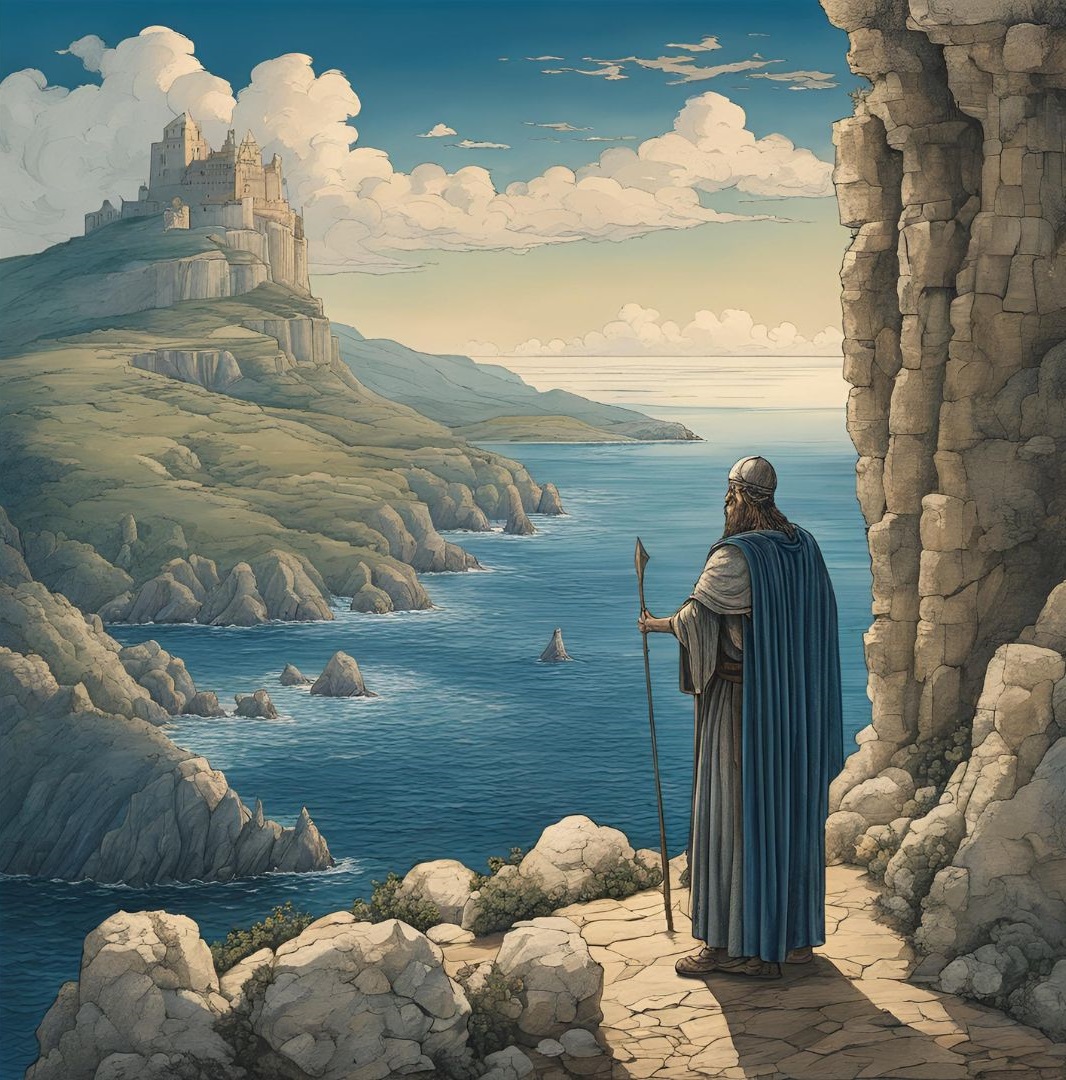 Belanos the Pilgrim: Illustration of Belanos, named after a wayfarer associated with the sun, healing and inspiration. He is standing on the coast of a place reminiscent of Greece. Limestone rocks are in the foreground with the sea and a hilly coastline and hillside settlement in the background. A I generated image by Canva.com