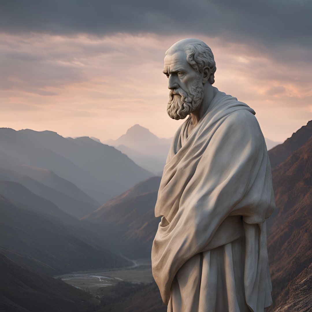 An image of Hippocrates, an ancient medicine man who lived in Greece in the 5th century BC. He is shown as a statue, looking stern or thoughtful, with mountains at dusk as a backdrop. AI image generated by Canva